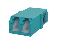 Adaptador de fibra óptica LC dúplex con obturador, color aguamarina - Vista frontal
