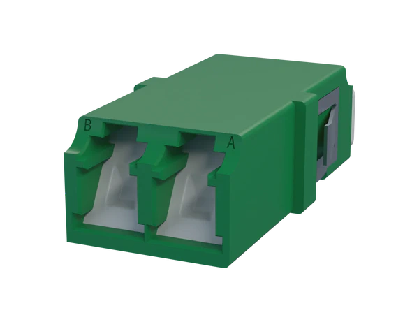 LC Duplex fiberoptisk adapter med lukker, grønn - sett forfra