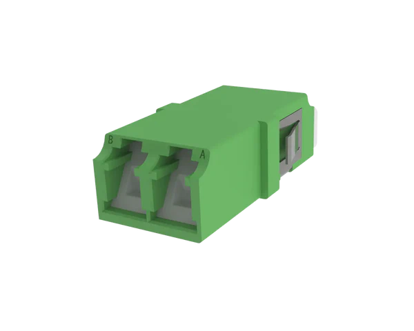 Adaptador de fibra óptica LC dúplex con obturador, verde - Vista frontal