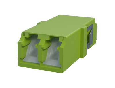 Adaptador de fibra óptica LC dúplex con obturador, verde lima (vista frontal)