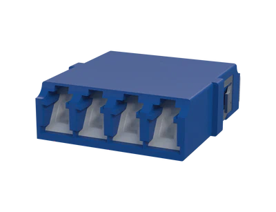 Adaptador de fibra óptica LC cuádruple con obturador, azul (vista frontal)