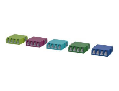 Adaptadores de fibra óptica LC cuádruple con obturador, verde lima, Erika Violet, aguamarina, verde y azul