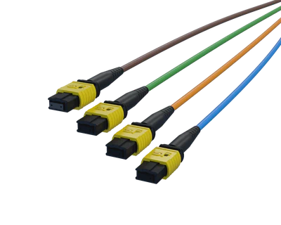 FlexSHUFFLE™ Upstream-MPO-8-Abgänge, farbcodiert in Blau, Orange, Grün und Braun